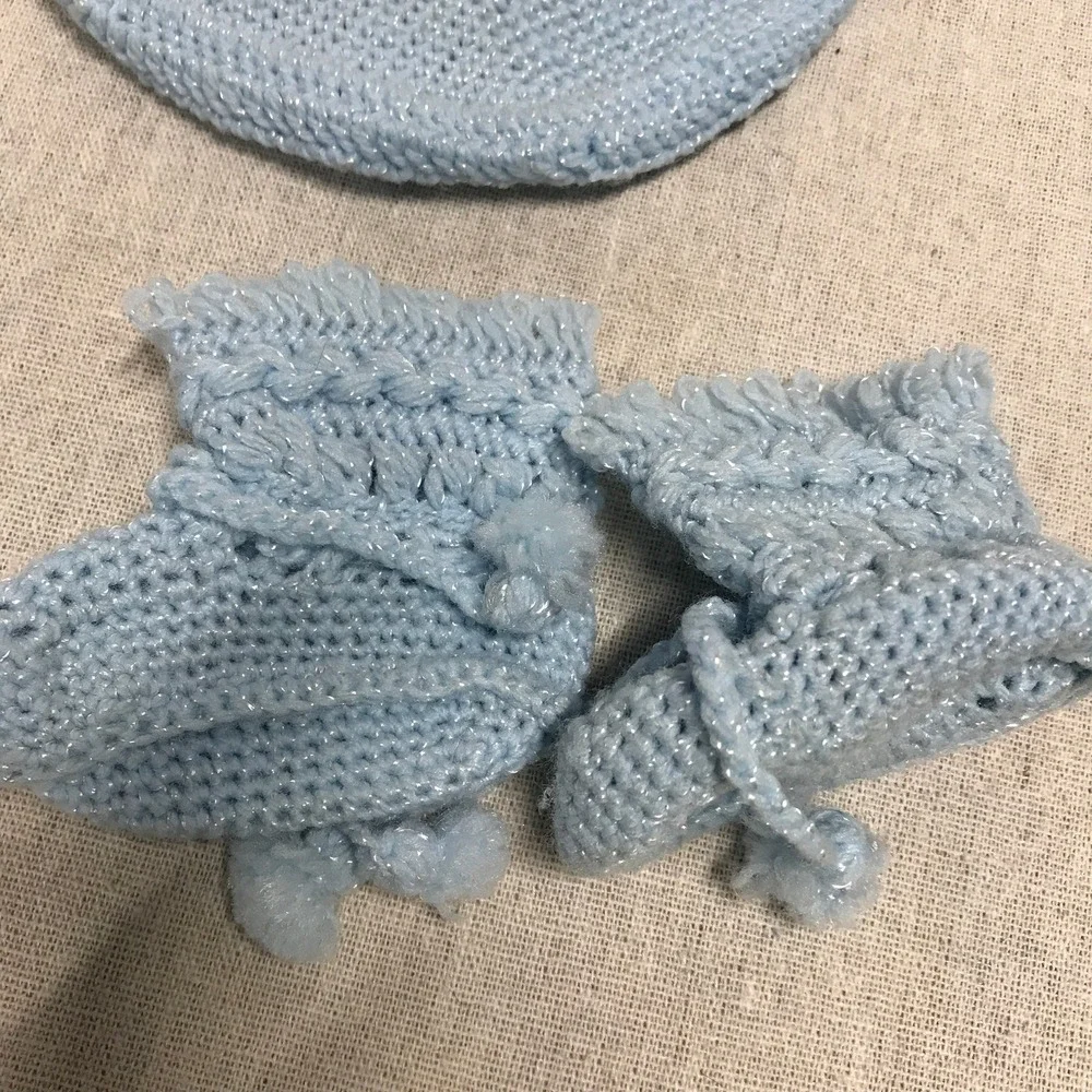 Vintage Hand Crochet Baby Hat and Booties: Baby Blue, Newborn Size